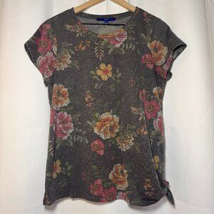 Apt. 9 Side-Tie T-Shirt Womens L Gray Floral Pink Orange Round Neck Casual EUC